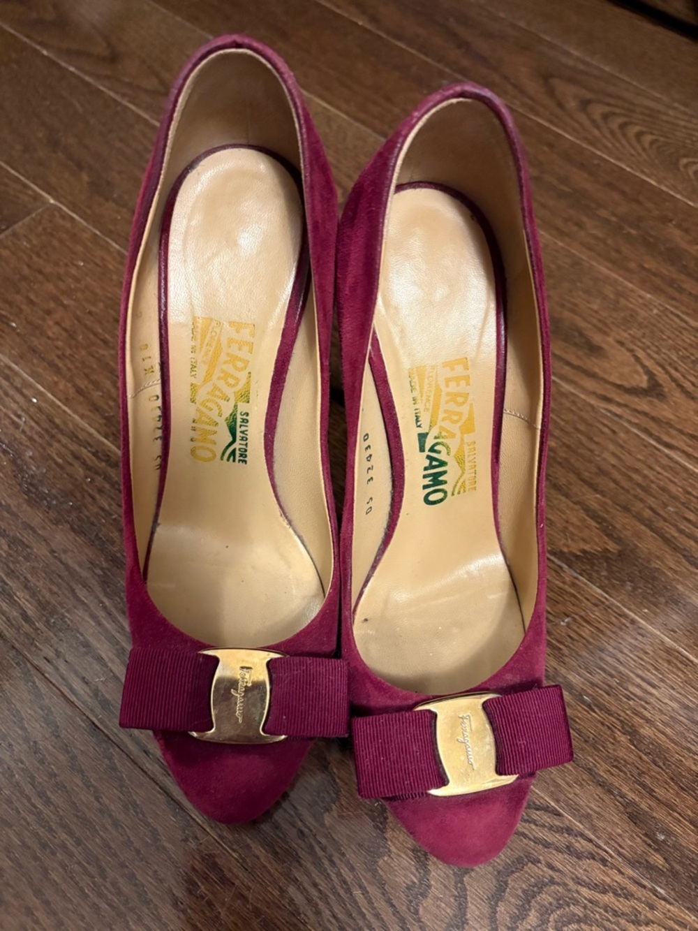Salvatore Ferragamo Maroon Suede Vara Bow Pumps with Gold Buckle
